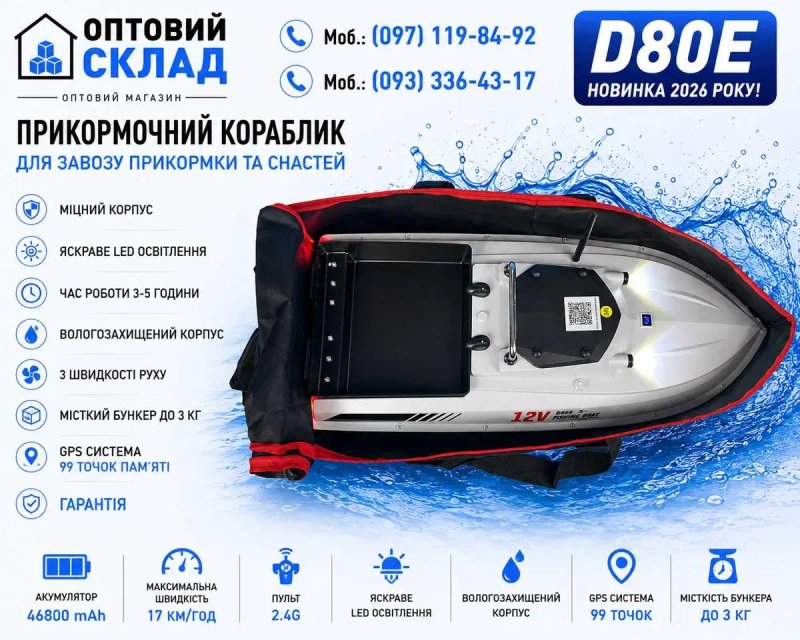 Кораблик для рыбалки карповый  D80E GPS  Короповий Рибацький  500 М Прикормочный для риболовлі  46800 mAh 12V — фото 7