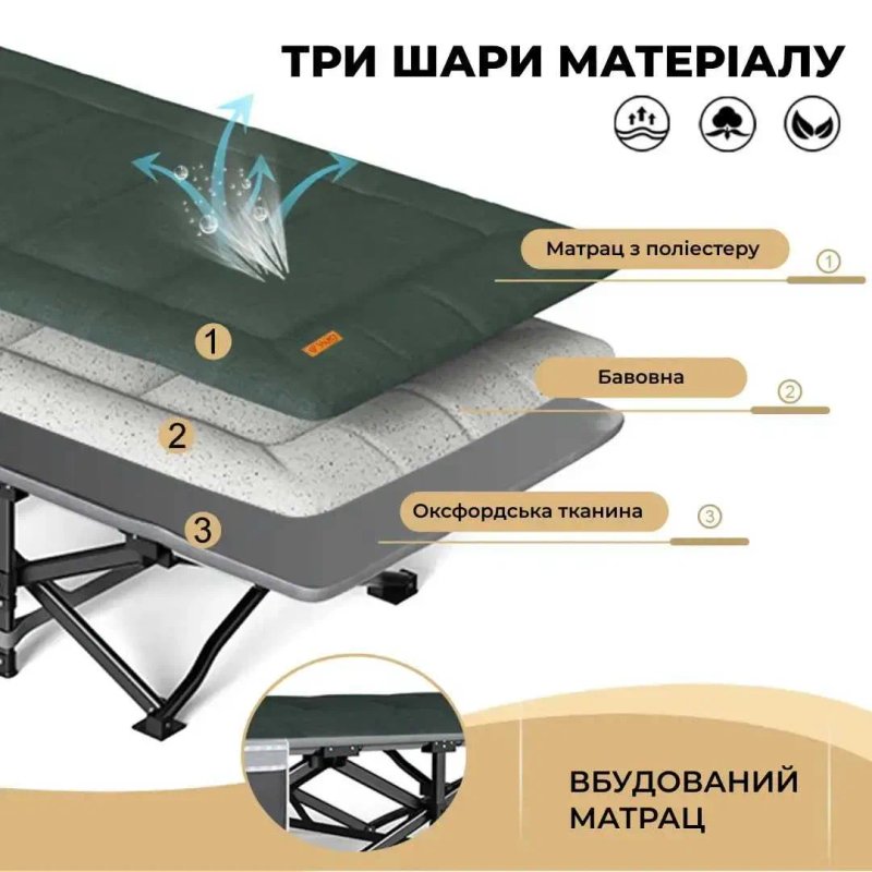 Ліжко шезлонг розкладне похідне до 200 кг + матрац + подушка + чохол | Розкладачка раскладушка кровать лежак | для кемпінгу  походів та подорожей — фото 6