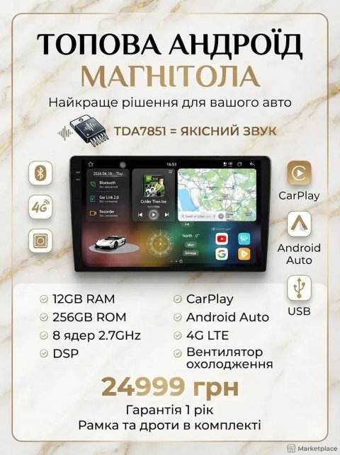Магнітола Android 2К Qled 12гб+256гб Toyota Volkswagen Skoda Hyundai Kia Mitsubishi Ford Opel Nissan Renault Honda Suzuki Chevrolet Jeep Mazda Seat