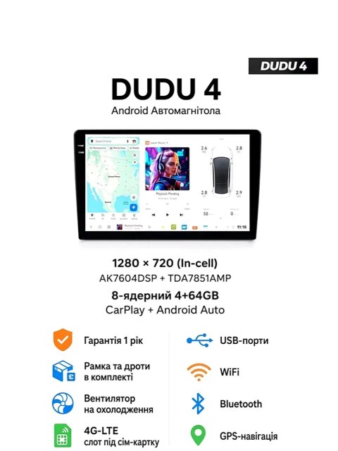 Магнітола Android Dudu4 4/64 гб з рамкою Toyota Volkswagen Skoda Hyundai Kia Mitsubishi Ford Opel Nissan Renault Mazda Suzuki Chevrolet Seat Jeep
