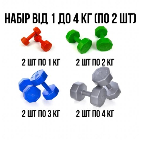 Набір по 2 шт гантелей 1 , 2 , 3 , 4 кг