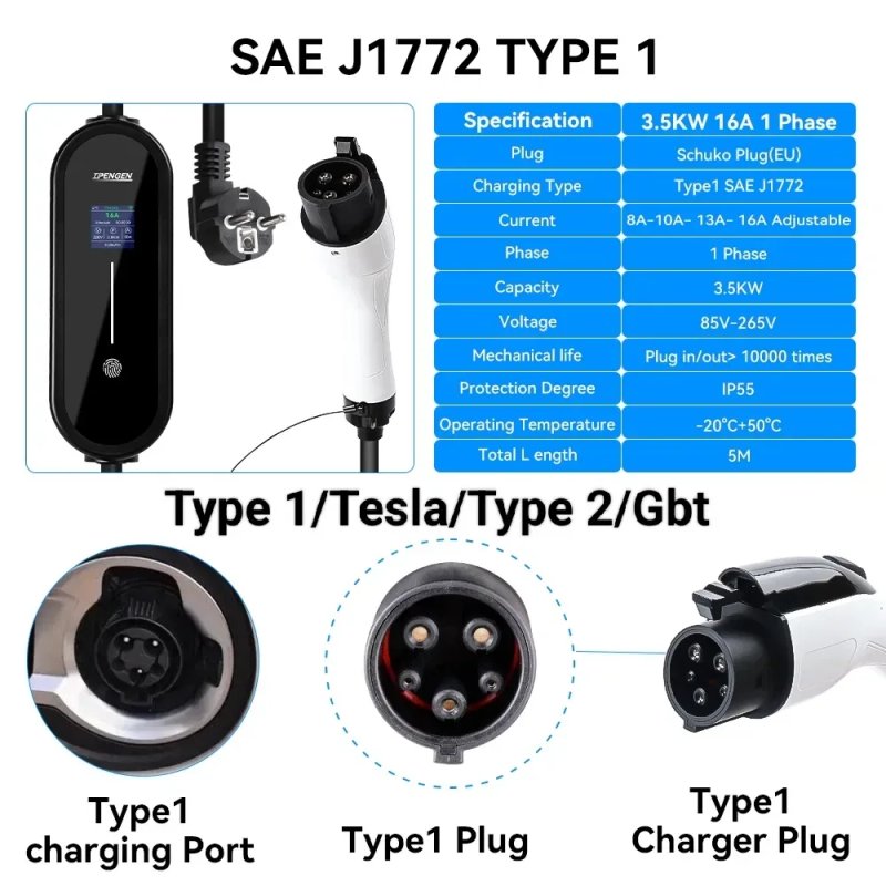 НАЙНИЖЧА ЦІНА‼️Зарядне IPENGEN 3.5 кВт 16А для електрокара Type1 / Type2 / GBT / Tesla 5м IP66 регульований струм 8–16A EV Charger — фото 2