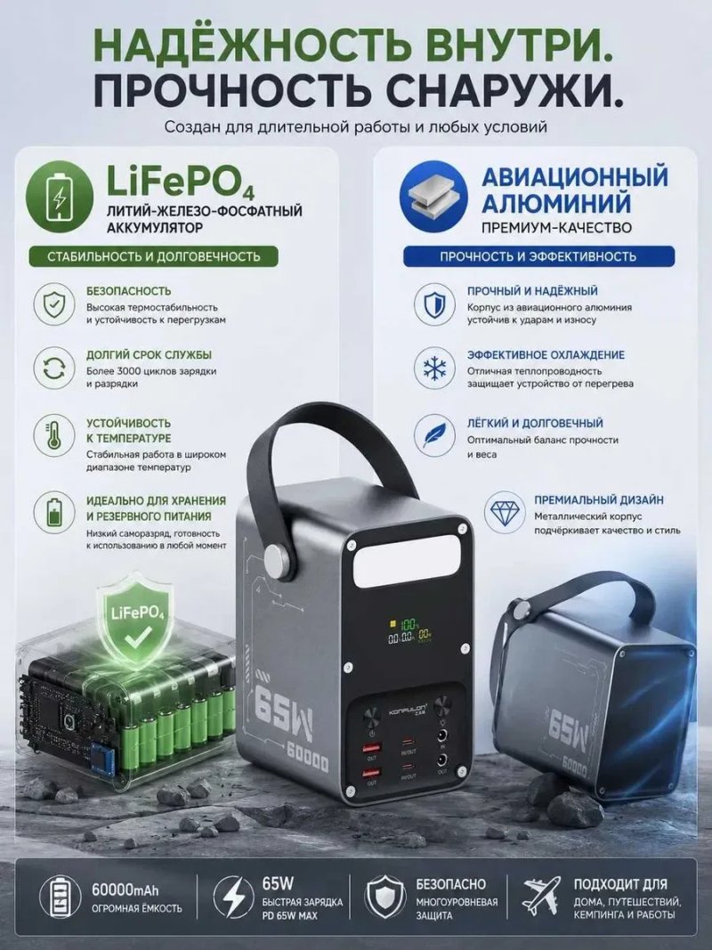 Павербанк 60000mAh 65Вт PD для ноутбука Power Bank 1.87кг Type-C USB быстрая зарядка DC 100Вт резервное питание при отключениях света LED фонарь — фото 2