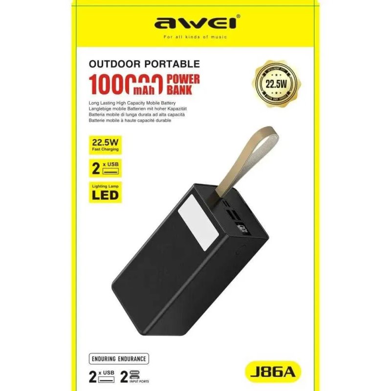 Павербанк Awei 100000mAh 22.5Вт Power Bank для отключений света быстрая зарядка USB Type-C мощный аккумулятор с ярким LED фонарем прожектором — фото 3