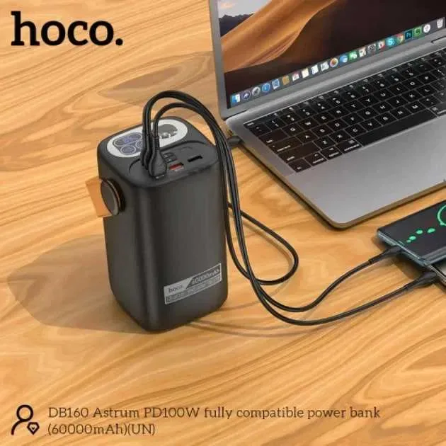 Павербанк для ноутбука Hoco DB160 60000 mAh 100W 3USB/2Type-C Портативний акумулятор Power Bank зі швидкою зарядкою PD100W+QC22.5W та ліхтариком — фото 6
