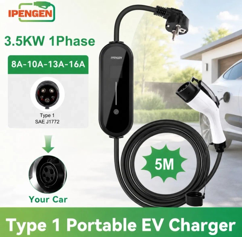 Портативна EV зарядка IPENGEN 16A 3.5kW кабель 5 метрів Type 1 Type 2 GBT Tesla регулювання 8–16А для електроавтомобіля