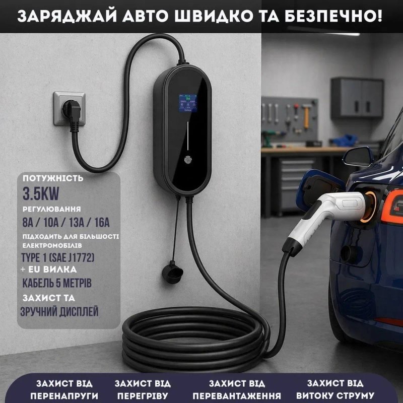 Портативна EV зарядка IPENGEN 16A 3.5kW кабель 5 метрів Type 1 Type 2 GBT Tesla регулювання 8–16А для електроавтомобіля — фото 3