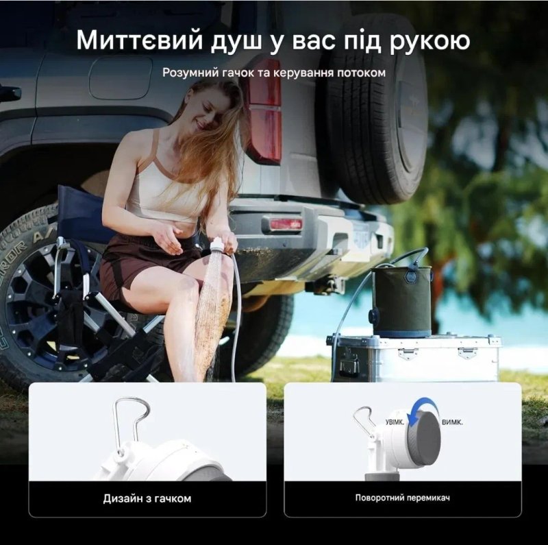 Портативний туристичний душ Flextail Tiny Shower з акумуляторним насосом 2500 мАг, IPX7, для кемпінгу, дачі, подорожей та автомобіля — фото 5