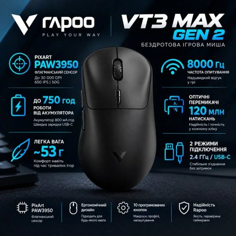 Rapoo VT3 Max Gen2, PixArt 3950(45k dpi), 4K/8k