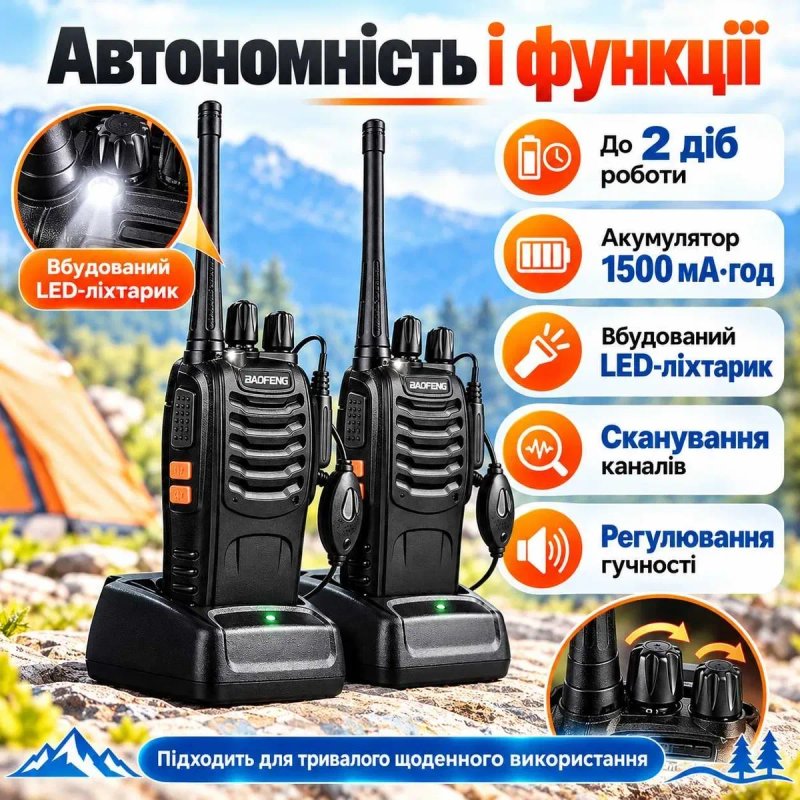 Рація комплект Baofeng BF-888S 2 шт 5 Вт UHF 400–470 МГц до 5 км з зарядними станціями і гарнітурою — фото 4