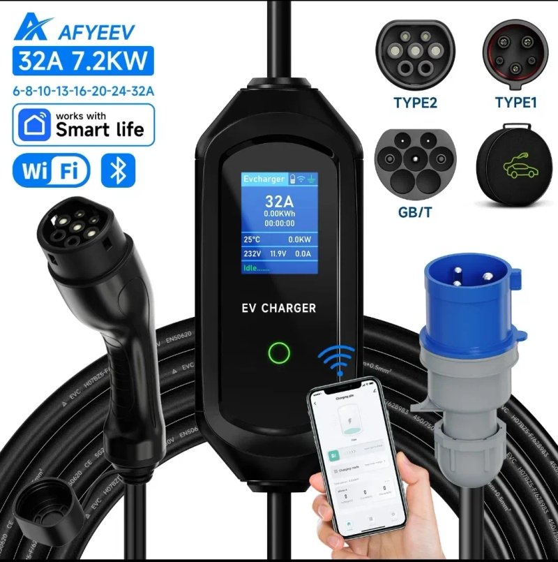Розпродаж! EV Charger 32A Type1 Type2 GBT Зарядка 7 КВ 5м кабель