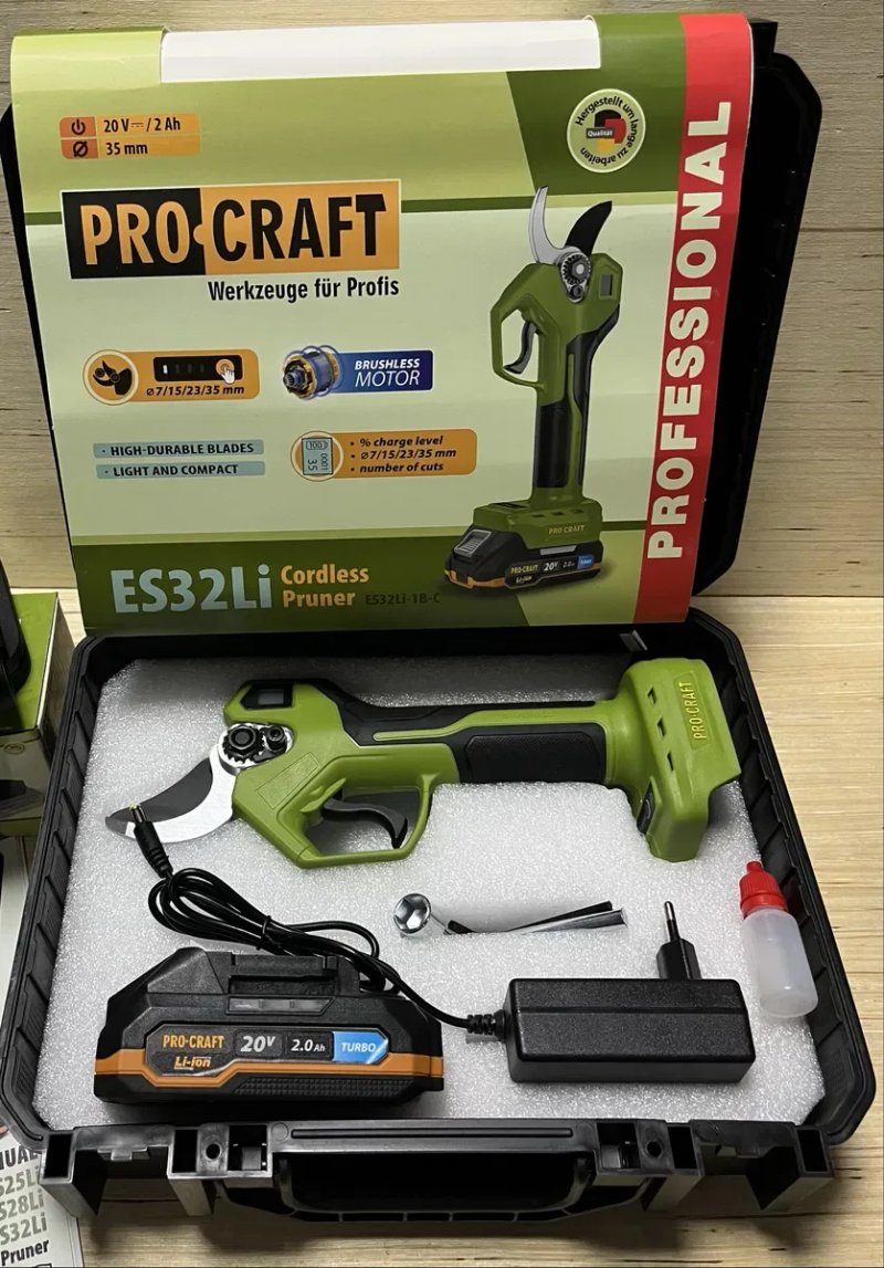 Секатор акумуляторний PROCRAFT ES32li / 1 акумулятор 2 А/г та ЗП/ різ 35 мм/ + пила ланцюгова Vitals AKZ 1810c/  Гарантія 3 роки — фото 2