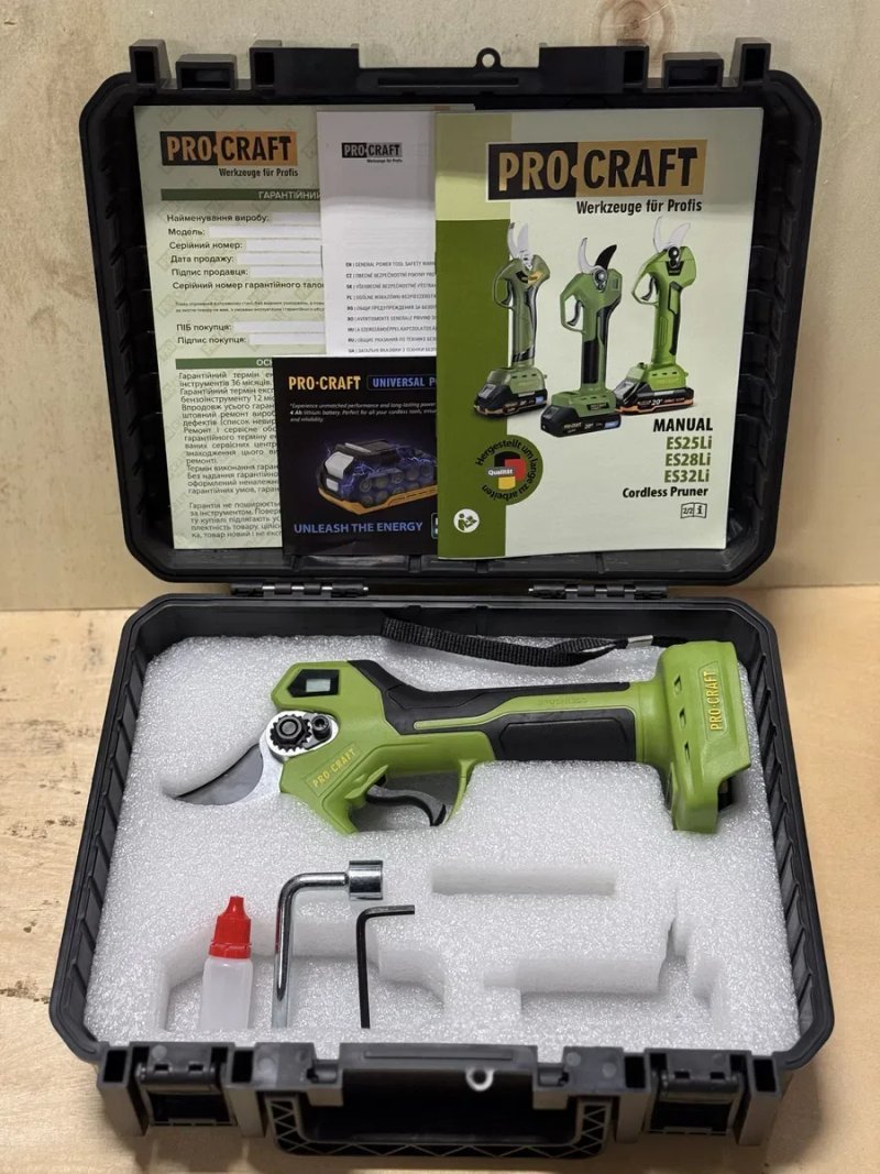 Секатор акумуляторний PROCRAFT ES32li / 1 акумулятор 2 А/г та ЗП/ різ 35 мм/ + пила ланцюгова Vitals AKZ 1810c/  Гарантія 3 роки — фото 3