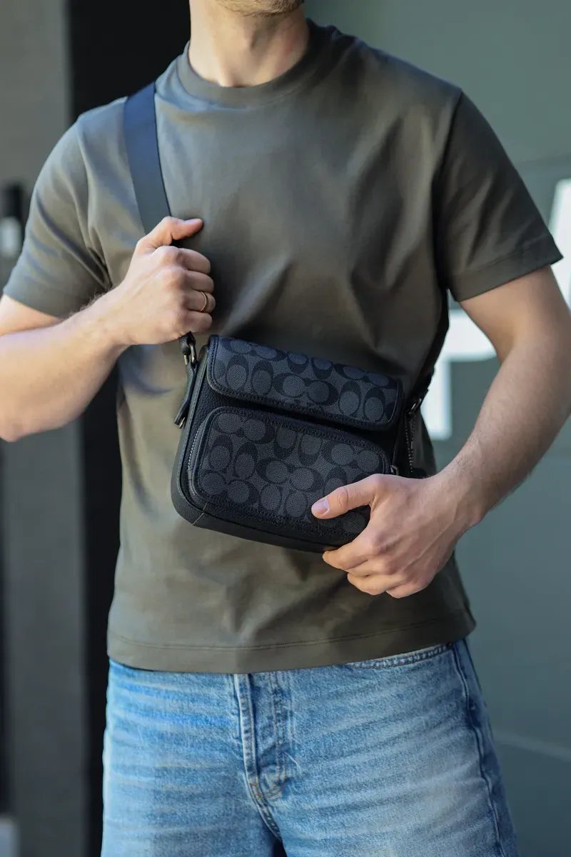Сумка чоловіча Coach Sullivan Flap Crossbody In Signature Canvas Grey/Black копія 1:1 — фото 5