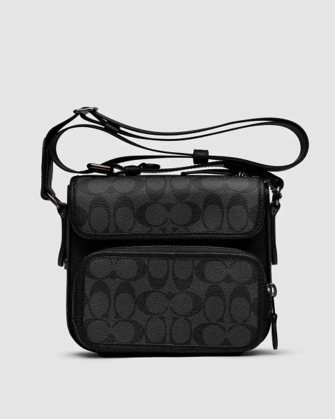 Сумка чоловіча Coach Sullivan Flap Crossbody In Signature Canvas Grey/Black копія 1:1