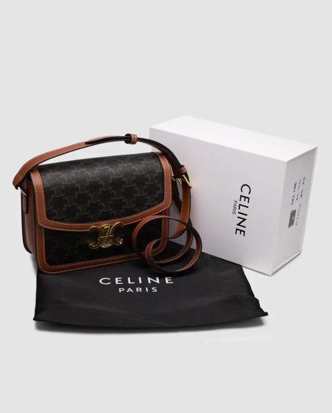 Сумка жіноча Celine Teen Triomphe Bag in Triomphe Canvas And Calfskin Tan копія 1:1