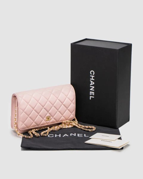 Сумка жіноча Chanel Classic Wallet on Chain Pink/Gold копія 1:1