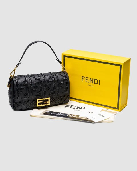 Сумка жіноча Fendi Baguette With Macro Topstitches Black Leather копія 1:1