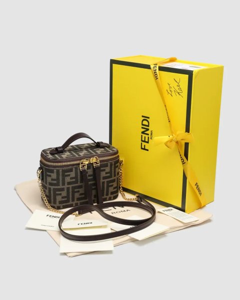 Сумка жіноча Fendi Vanity Tobacco Brown FF Jacquard Fabric Mini-Bag копія 1:1