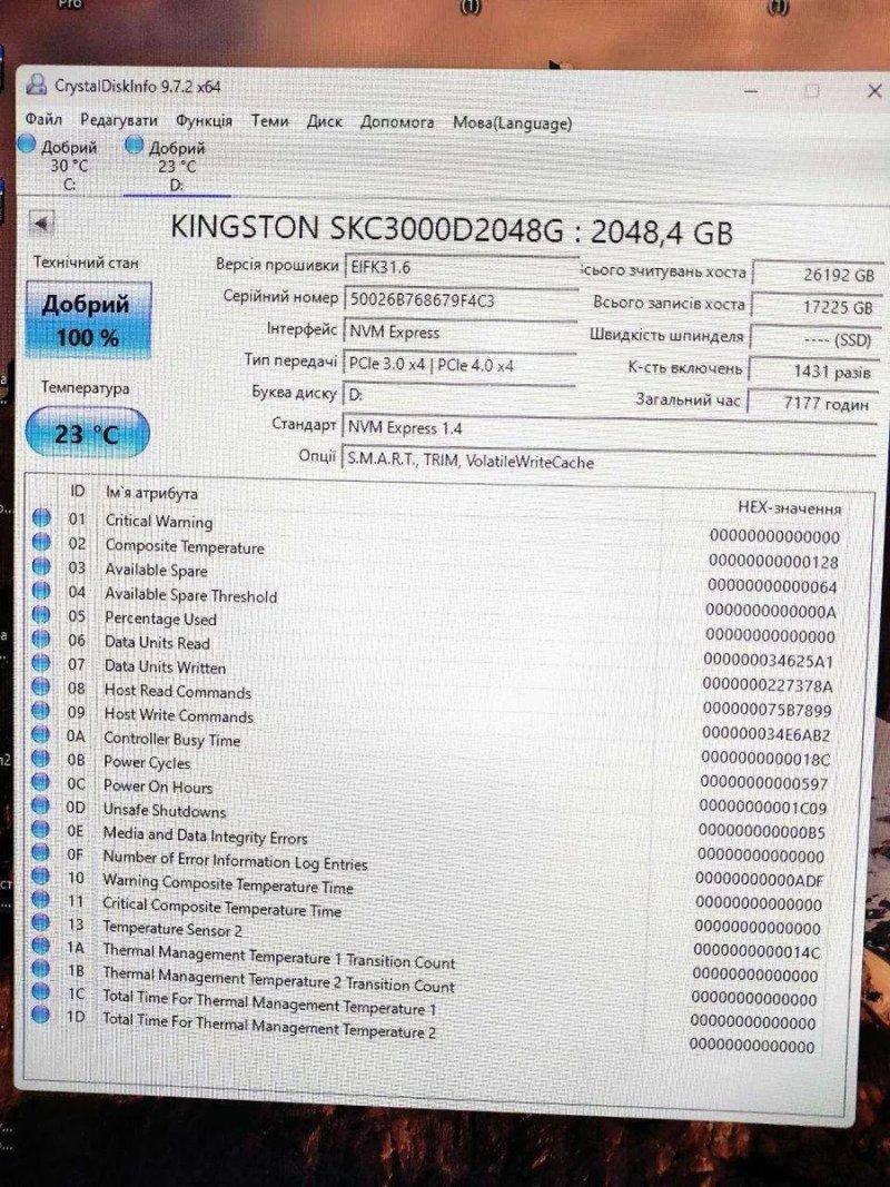 Топ SSD - ідеальний стан! 2TB Kingston KC3000 TLC DRAM 100% NVMe PCIe 4.0 7000MB/s — фото 3