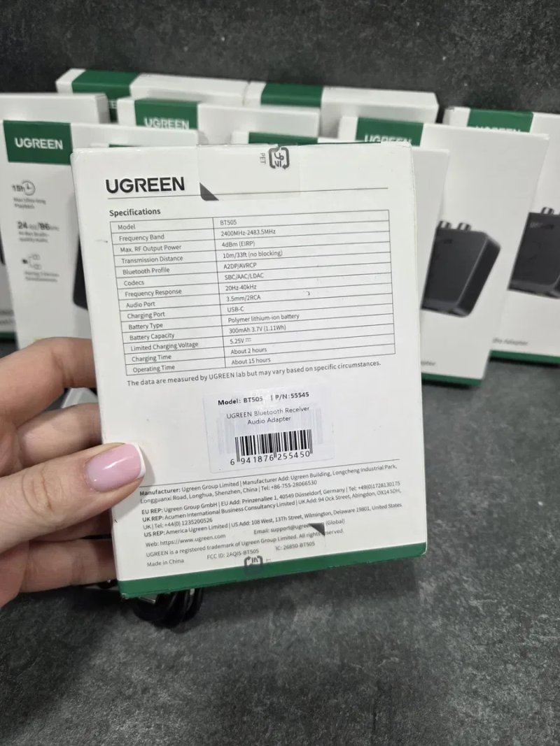 Ugreen BT505 Bluetooth 6.0 BT505 Hi-Res Audio LDAC приймач адаптер для авто, стереосистеми, навушників, мобільного телефону 15 годин 24bit/96kHz Black — фото 8