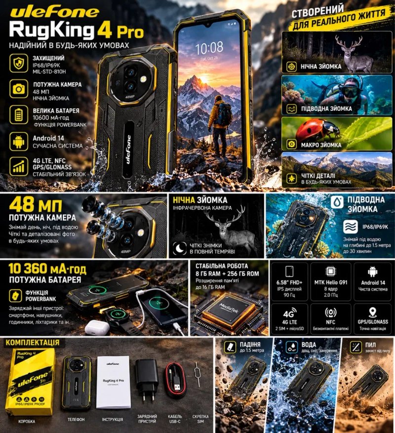 Ulefone RugKing 4 Pro — защищённый смартфон 10200 мА·ч, 8/128 ГБ, IP68/IP69K, NFC, 120 Гц — фото 2