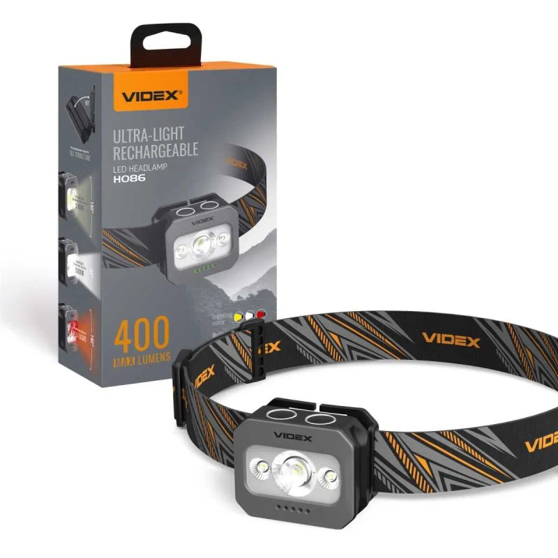 Ультралегка новинка! VIDEX VLF-H086 400Lm налобний світлодіодний ліхтарик , з червоним та теплим світлом. Відекс ліхтар на голову , акумуляторний — фото 2