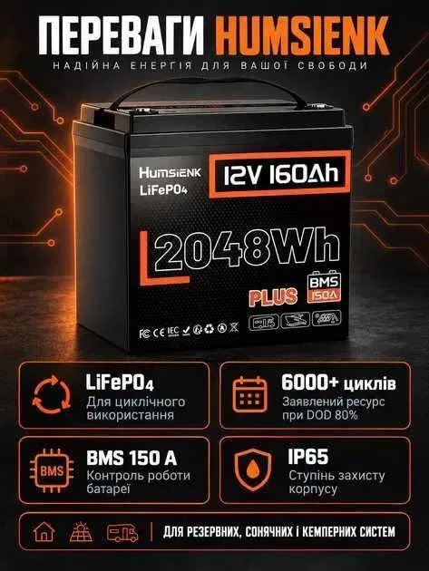 в наявності Акумулятори Humsienk LiFePO4 12V 160Ah Plus BMS 150А, 2048 Вт/год