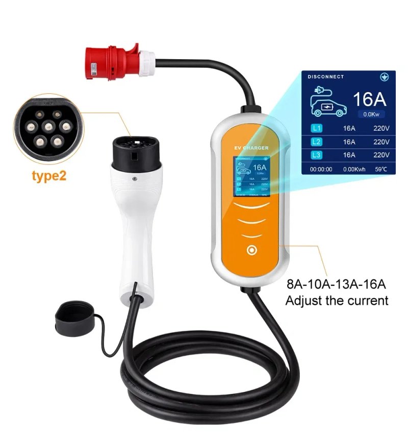 ЗАРЯДКА 11КВТ‼️ IPENGEN 11kW 16A 3 фази зарядка для електромобіля Type 2 | Регулювання 8-10-13-16A | Кабель 4м EV Charger переносна — фото 6