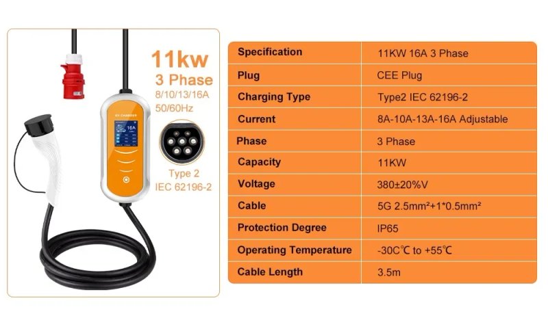 ЗАРЯДКА 11КВТ‼️ IPENGEN 11kW 16A 3 фази зарядка для електромобіля Type 2 | Регулювання 8-10-13-16A | Кабель 4м EV Charger переносна — фото 7