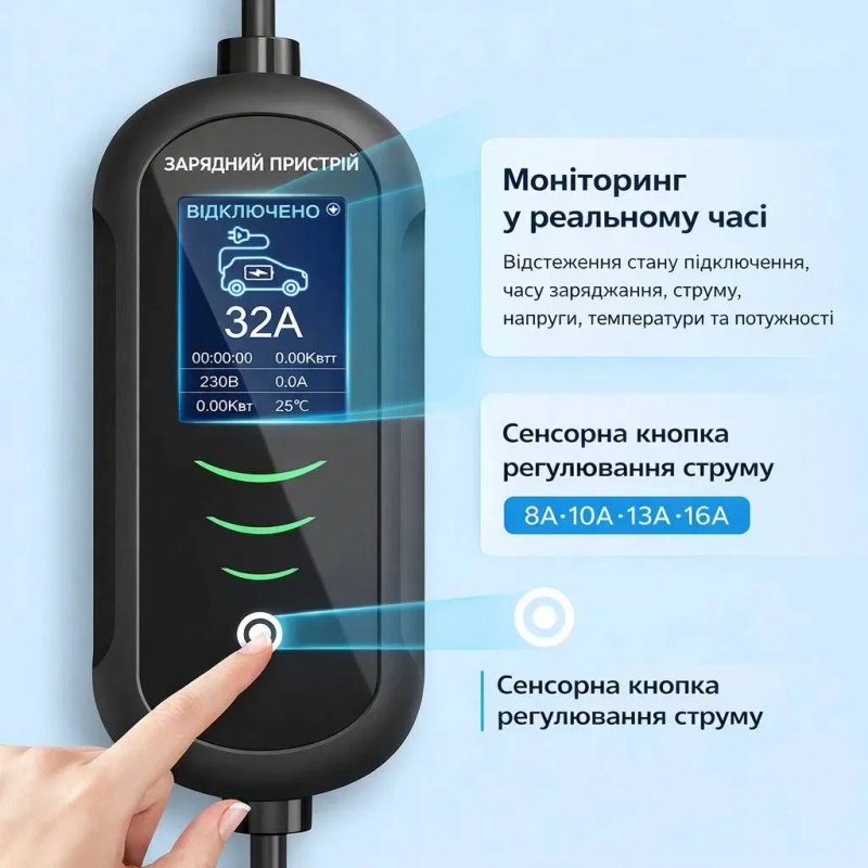 Зарядка для електромобіля Type 2 22 кВт 32А 3 фази CEE, регулювання 8-32А, дисплей, IP66, портативний зарядний пристрій EV — фото 2