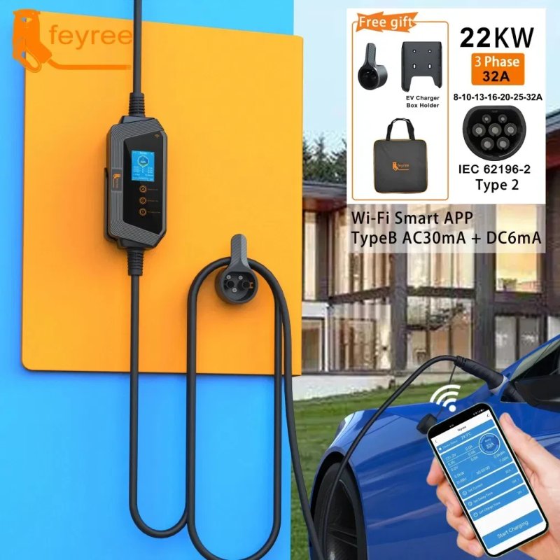 Зарядка FEYREE Type 2 22 кВт 32А 3 фази — портативна станція Wi-Fi Bluetooth CEE 32A 5м IP66 — фото 4