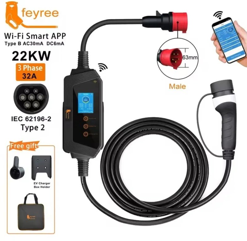Зарядка FEYREE Type 2 22 кВт 32А 3 фази — портативна станція Wi-Fi Bluetooth CEE 32A 5м IP66 — фото 7