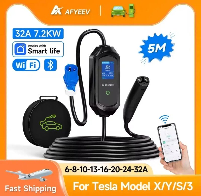 Зарядна станція для електрокара 7.2 кВт 32А AFYEEV Wi-Fi — Америка Європа Type1 Type2 GBT Tesla 5m — фото 4