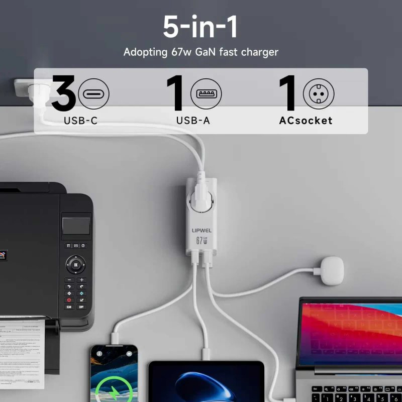 Зарядна станція  LIPWEL GaN зарядка 67W + розетка EU в одному - 3×USB-C + USB-A, подовжувач 1.5м — фото 3
