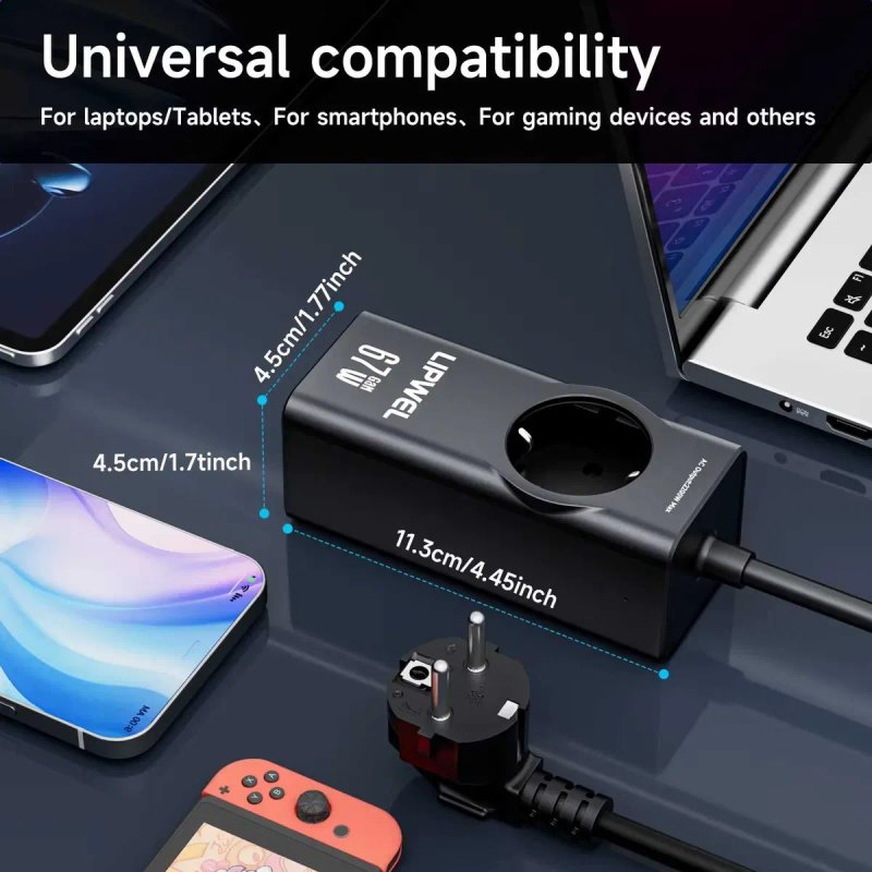 Зарядна станція  LIPWEL GaN зарядка 67W + розетка EU в одному - 3×USB-C + USB-A, подовжувач 1.5м — фото 6
