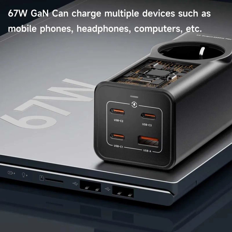 Зарядна станція  LIPWEL GaN зарядка 67W + розетка EU в одному - 3×USB-C + USB-A, подовжувач 1.5м — фото 7