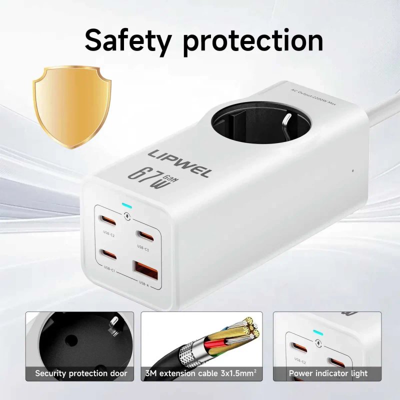 Зарядна станція  LIPWEL GaN зарядка 67W + розетка EU в одному - 3×USB-C + USB-A, подовжувач 1.5м — фото 8