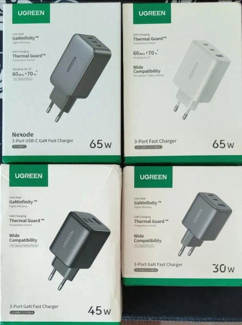 Зарядні Ugreen 30w ,45w, 65w 3 port Gan fast charger з кабелем