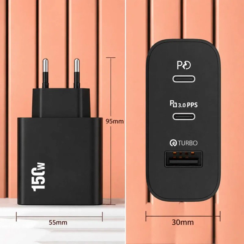Зарядний пристрій 150W 2×Type-C PD 3.0 + USB QC 3.0 — швидка зарядка 3 пристроїв одночасно — фото 4