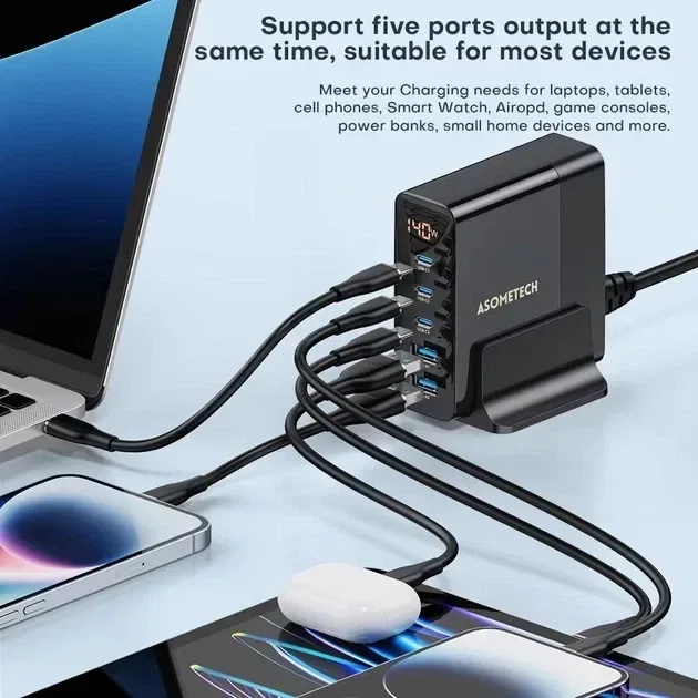 Зарядний пристрій Asometech 140W GaN Desktop Charger з цифровим дисплеєм і 5 портами (PD 3.0, QC 4.0) — фото 3