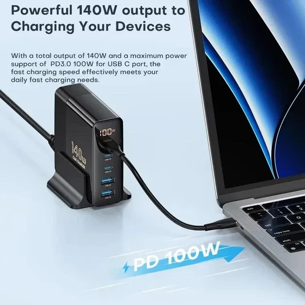 Зарядний пристрій Asometech 140W GaN Desktop Charger з цифровим дисплеєм і 5 портами (PD 3.0, QC 4.0) — фото 4