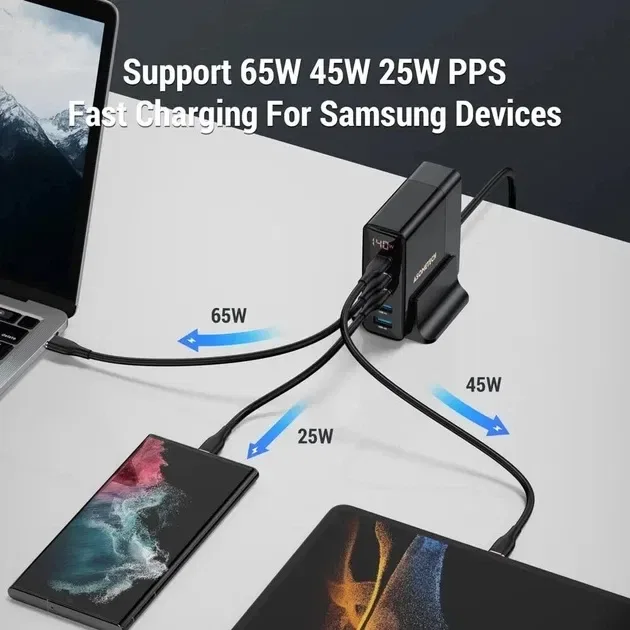 Зарядний пристрій Asometech 140W GaN Desktop Charger з цифровим дисплеєм і 5 портами (PD 3.0, QC 4.0) — фото 6