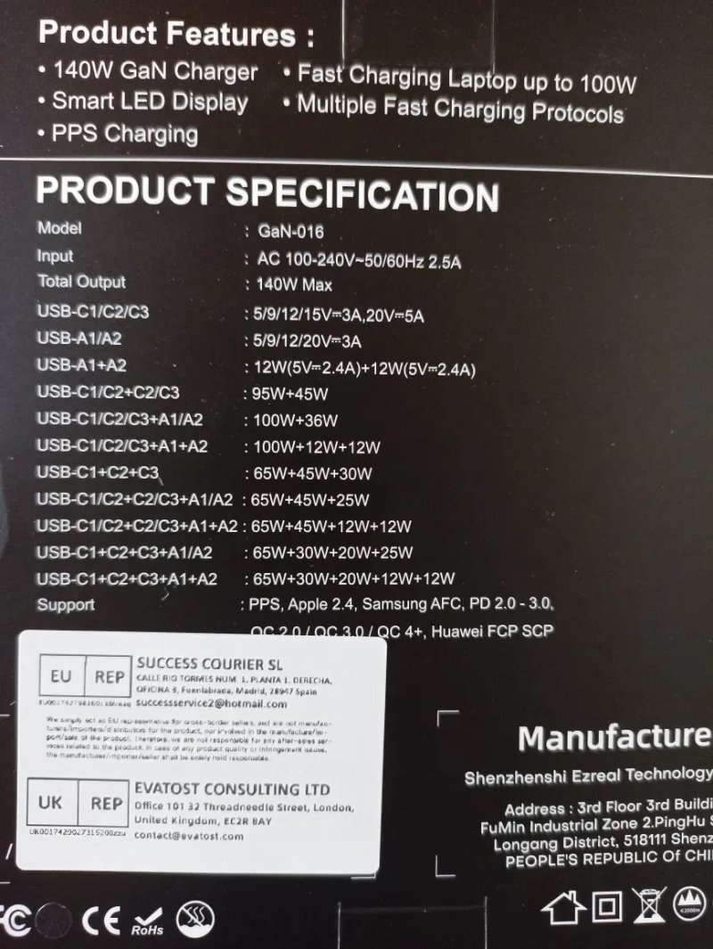 Зарядний пристрій Asometech 140W GaN Desktop Charger з цифровим дисплеєм і 5 портами (PD 3.0, QC 4.0) — фото 8