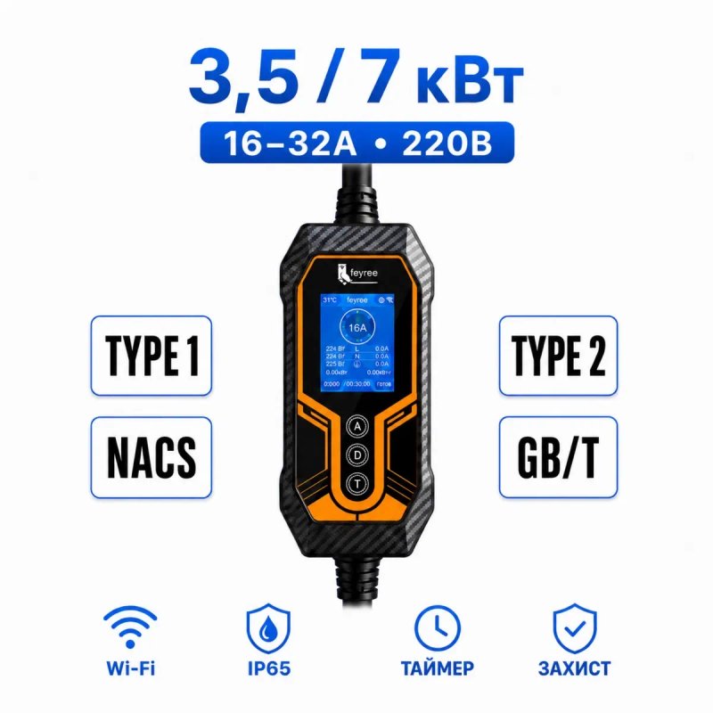 Зарядний пристрій Feyree 16А/32А 3,5 або 7 кВт Wi-Fi Type 1 Type 2 NACS GB/T