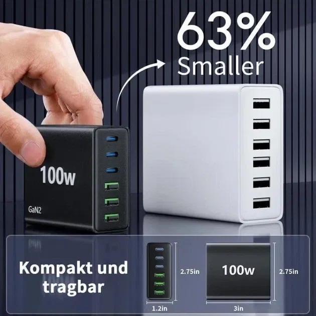 Зарядний пристрій GaN 100W на 6 портів USB-C USB-A, модель Z9A — фото 2