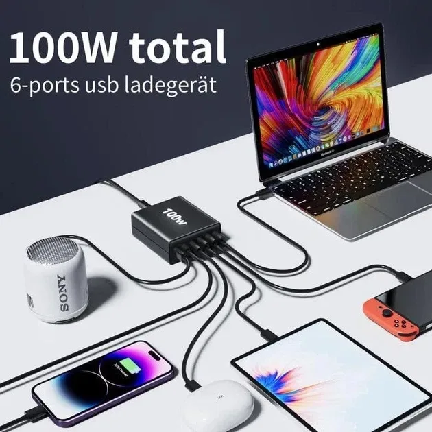 Зарядний пристрій GaN 100W на 6 портів USB-C USB-A, модель Z9A — фото 4