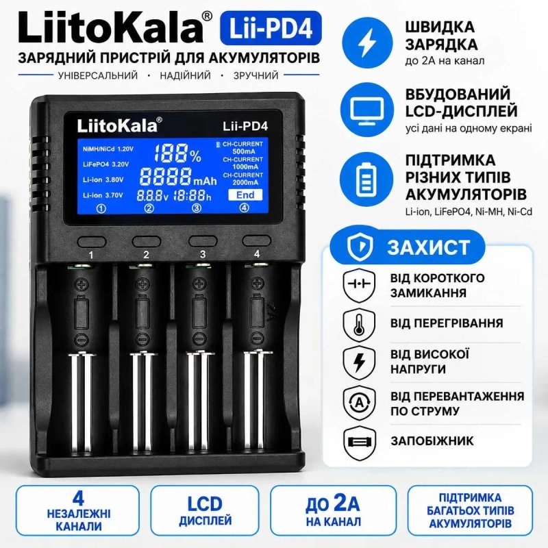 Зарядний пристрій LiitoKala PD4 для акумуляторів 18650 21700 Li-ion LiFePO4 Ni-MH Ni-Cd — фото 2
