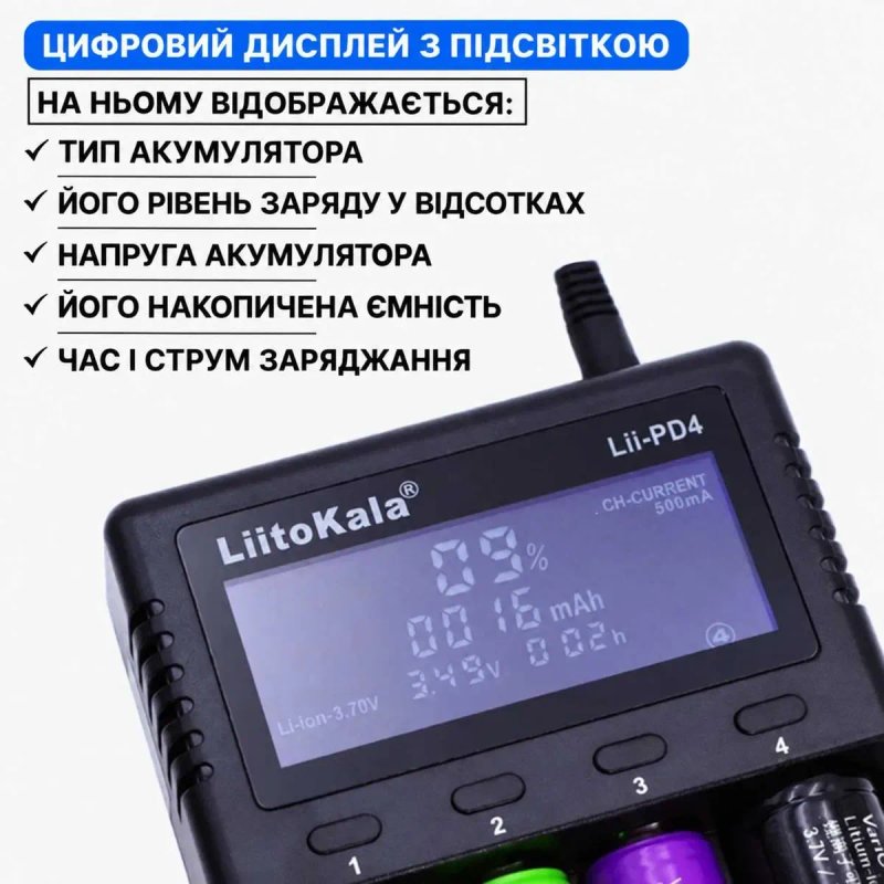 Зарядний пристрій LiitoKala PD4 для акумуляторів 18650 21700 Li-ion LiFePO4 Ni-MH Ni-Cd — фото 3