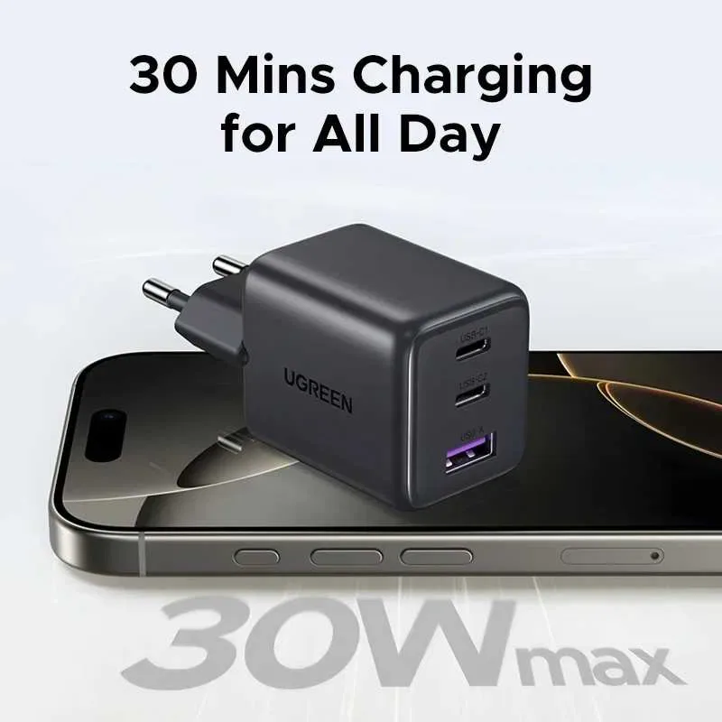 Зарядний пристрій UGREEN X515 GaN 30W Fast Charger (3-портовий, USB-C x2 + USB-A) — фото 3